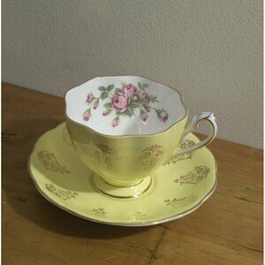 Queen Anne Yellow Bone China Tea Cup & Saucer Pink Roses Gold Filigree England